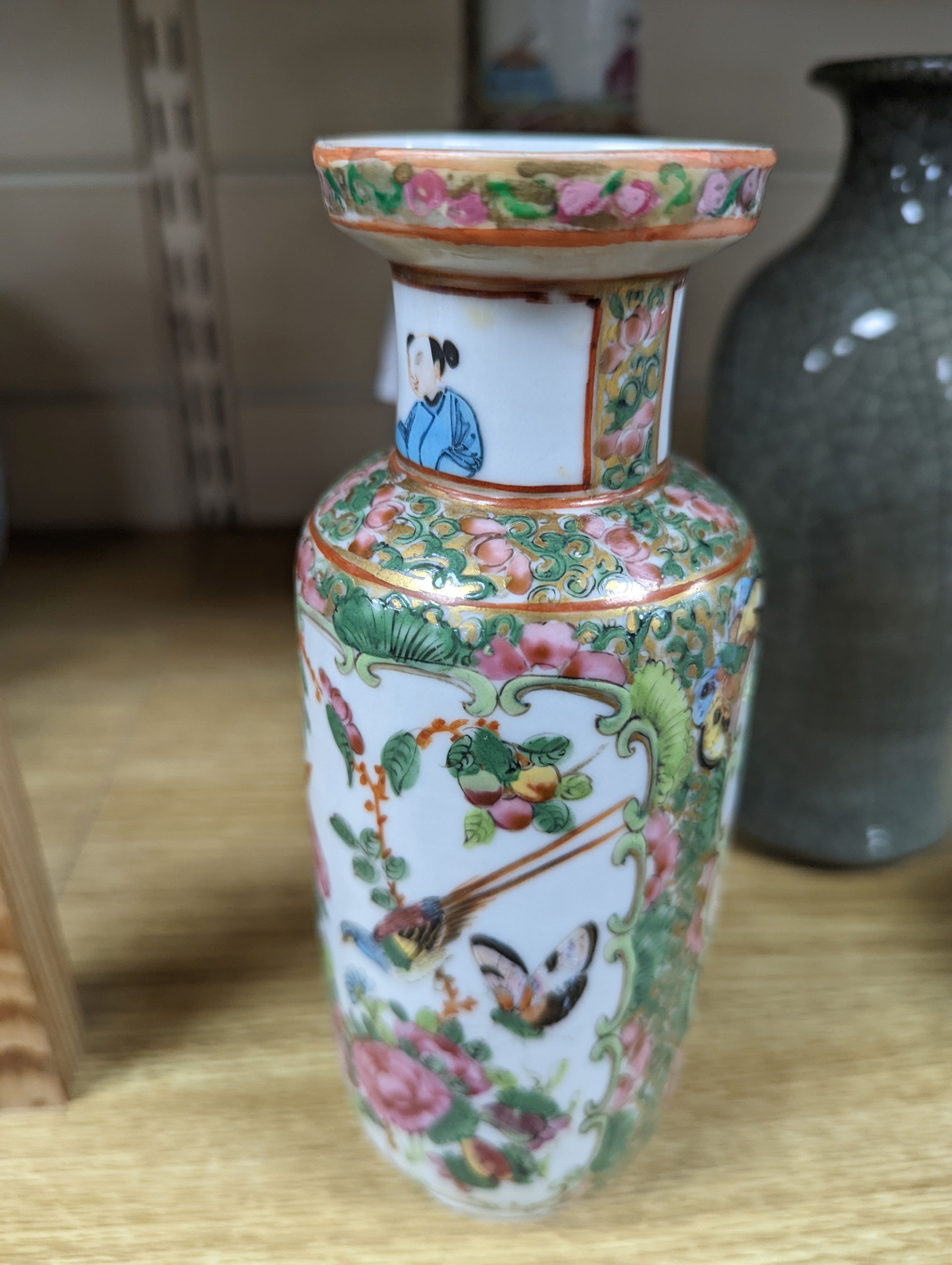 Two Chinese famille rose vases and a Celadon crackle glazed vase, 19th-century and later, tallest 25 cm